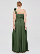 One Shoulder Chiffon Dress with Flowers Strap-Olive Green