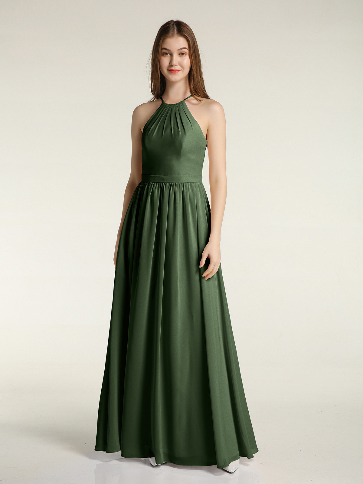 BABARONI Halter Chiffon Long Bridesmaid Dresses-Olive Green, Olive Green / US0