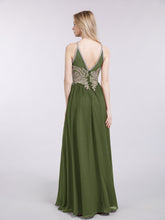 Halter Chiffon with Gold Appliqued Dress Olive Green