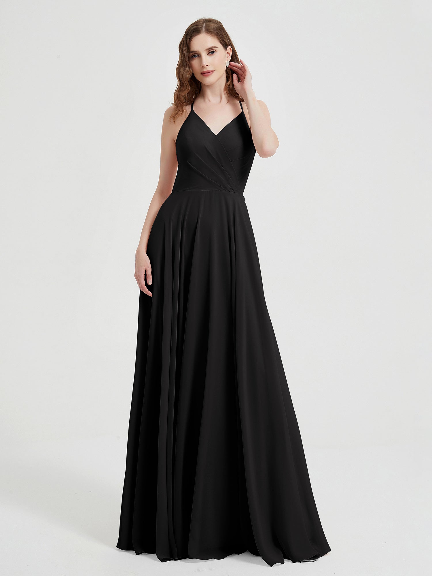 BABARONI Chiffon Black Bridesmaid Dresses V-neck Floor-length Spaghetti