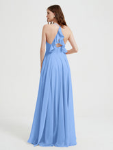 V-neck Cross Back Chiffon Bridesmaid Dresses-Blue