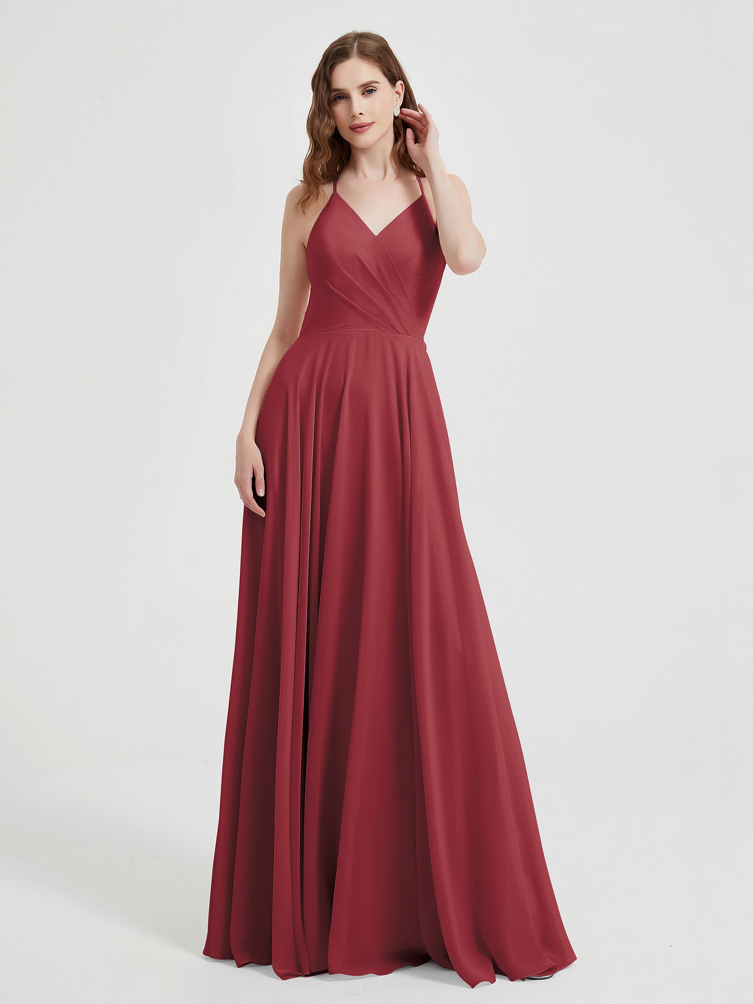 BABARONI Chiffon Cinnamon Rose Bridesmaid Dresses V-neck Floor-length Spaghetti Straps Ruffle A-line, Cinnamon Rose / US18