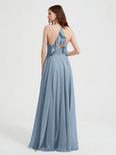 V-neck Cross Back Chiffon Bridesmaid Dresses-Dusty Blue