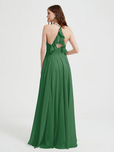 V-neck Cross Back Chiffon Bridesmaid Dresses-Emerald