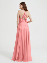 V-neck Cross Back Chiffon Bridesmaid Dresses-Flamingo