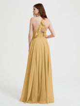V-neck Cross Back Chiffon Bridesmaid Dresses-Gold