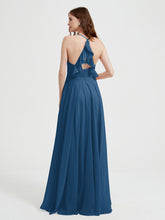 V-neck Cross Back Chiffon Bridesmaid Dresses-Ink Blue