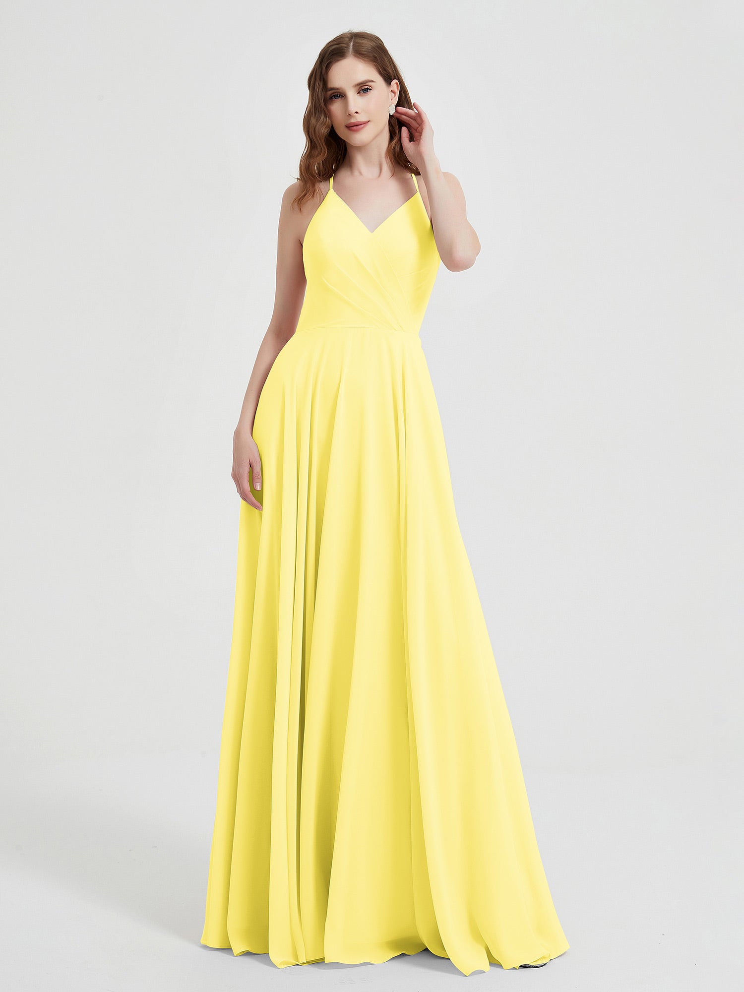BABARONI Chiffon Lemon Bridesmaid Dresses V-neck Floor-length Spaghetti Straps Ruffle A-line, Lemon / US18
