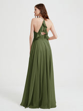 V-neck Cross Back Chiffon Bridesmaid Dresses-Olive Green