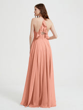 V-neck Cross Back Chiffon Bridesmaid Dresses-Papaya