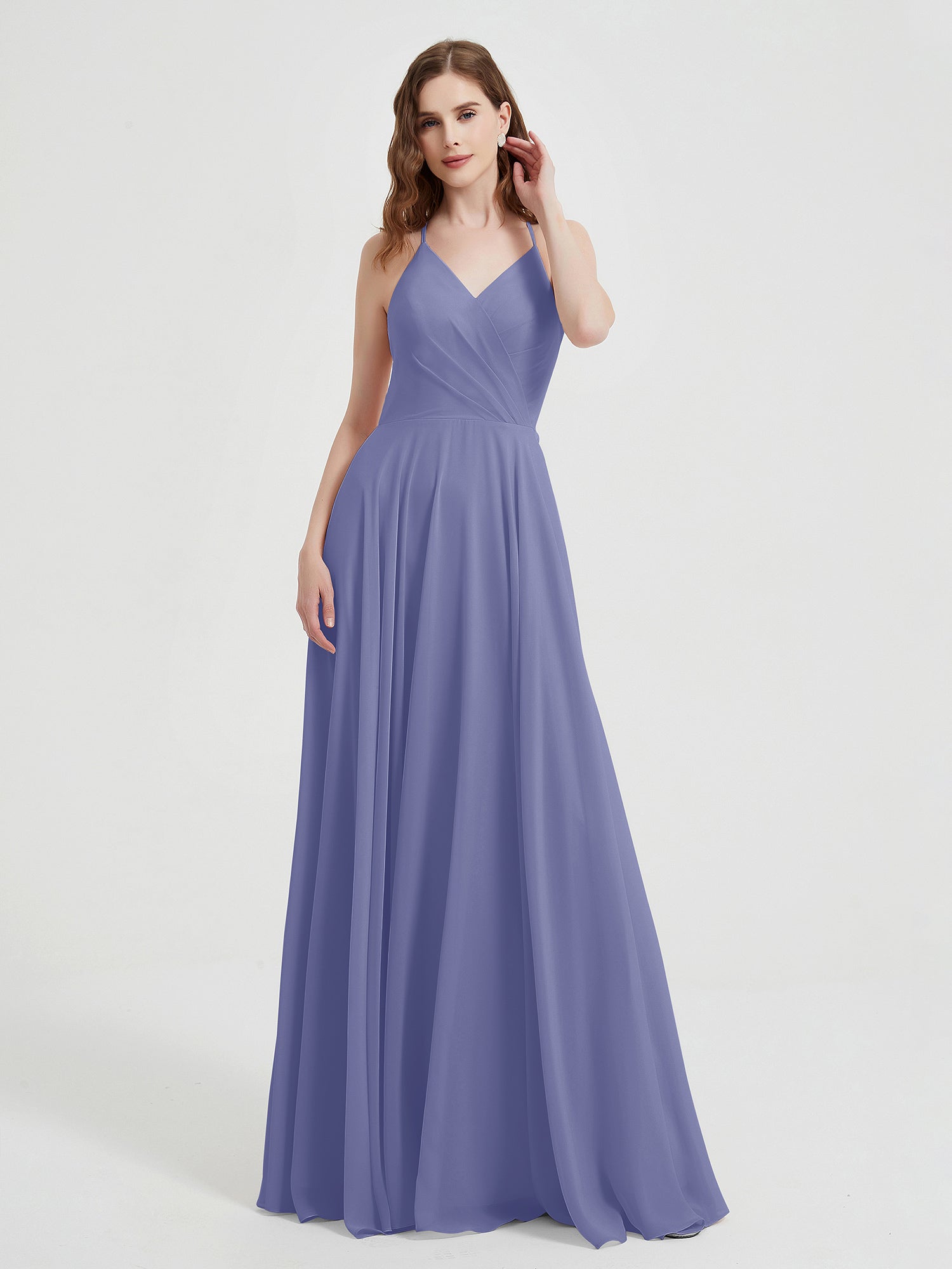 BABARONI Chiffon Periwinkle Bridesmaid Dresses V-neck Floor-length
