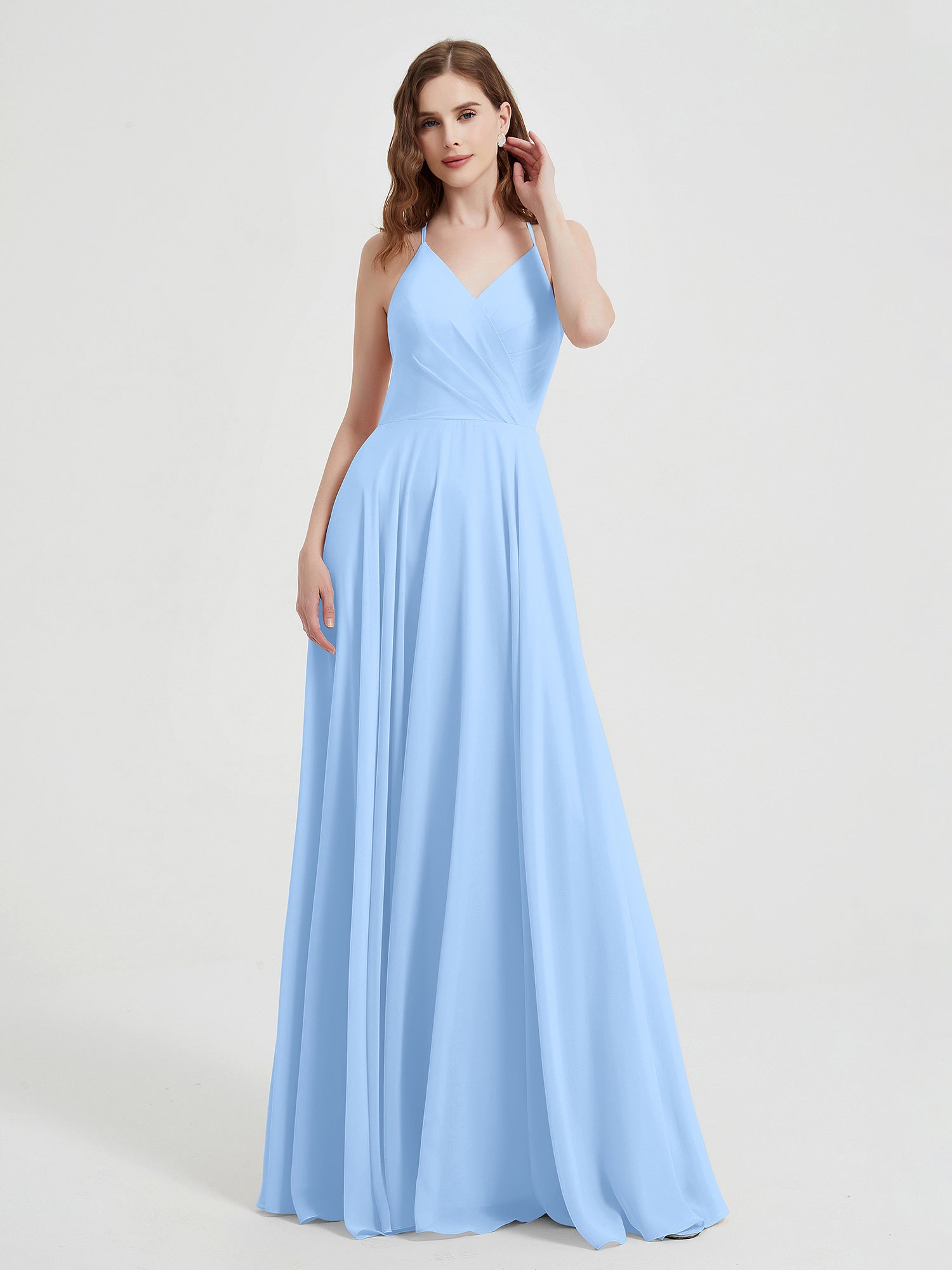 Long Lace Cap Sleeves Chiffon Gown with V Neck Sky Blue Plus Size