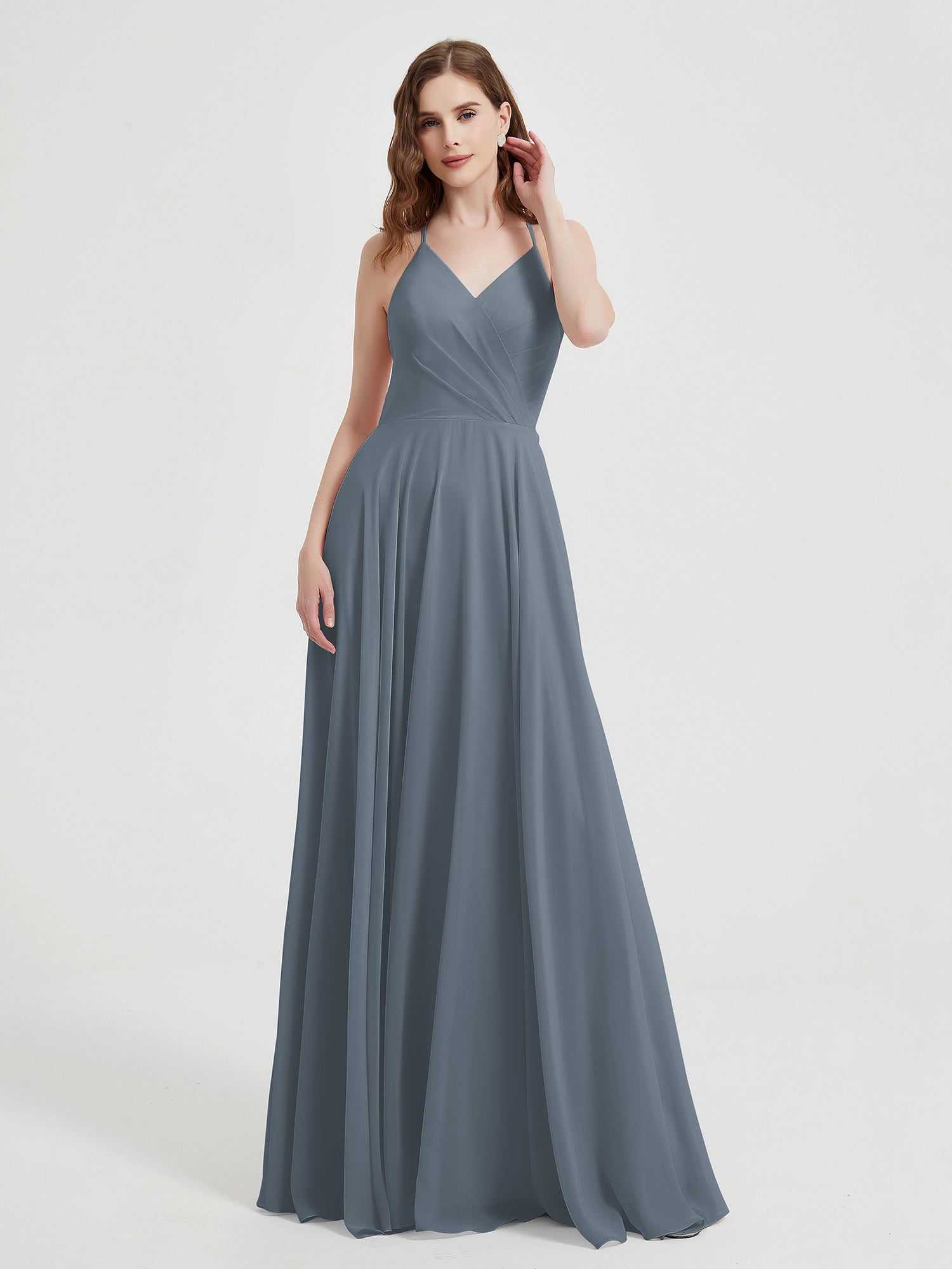 slate blue grey bridesmaid dresses BABARONI Chiffon V-neck Floor-length Spaghetti Straps Ruffle A-line, Slate Blue / US18 J&C