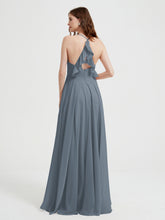 V-neck Cross Back Chiffon Bridesmaid Dresses-Slate Blue
