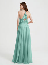 V-neck Cross Back Chiffon Bridesmaid Dresses-Turquoise