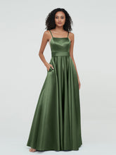 A-line Spaghetti Straps Max Satin Dresses-Olive Green