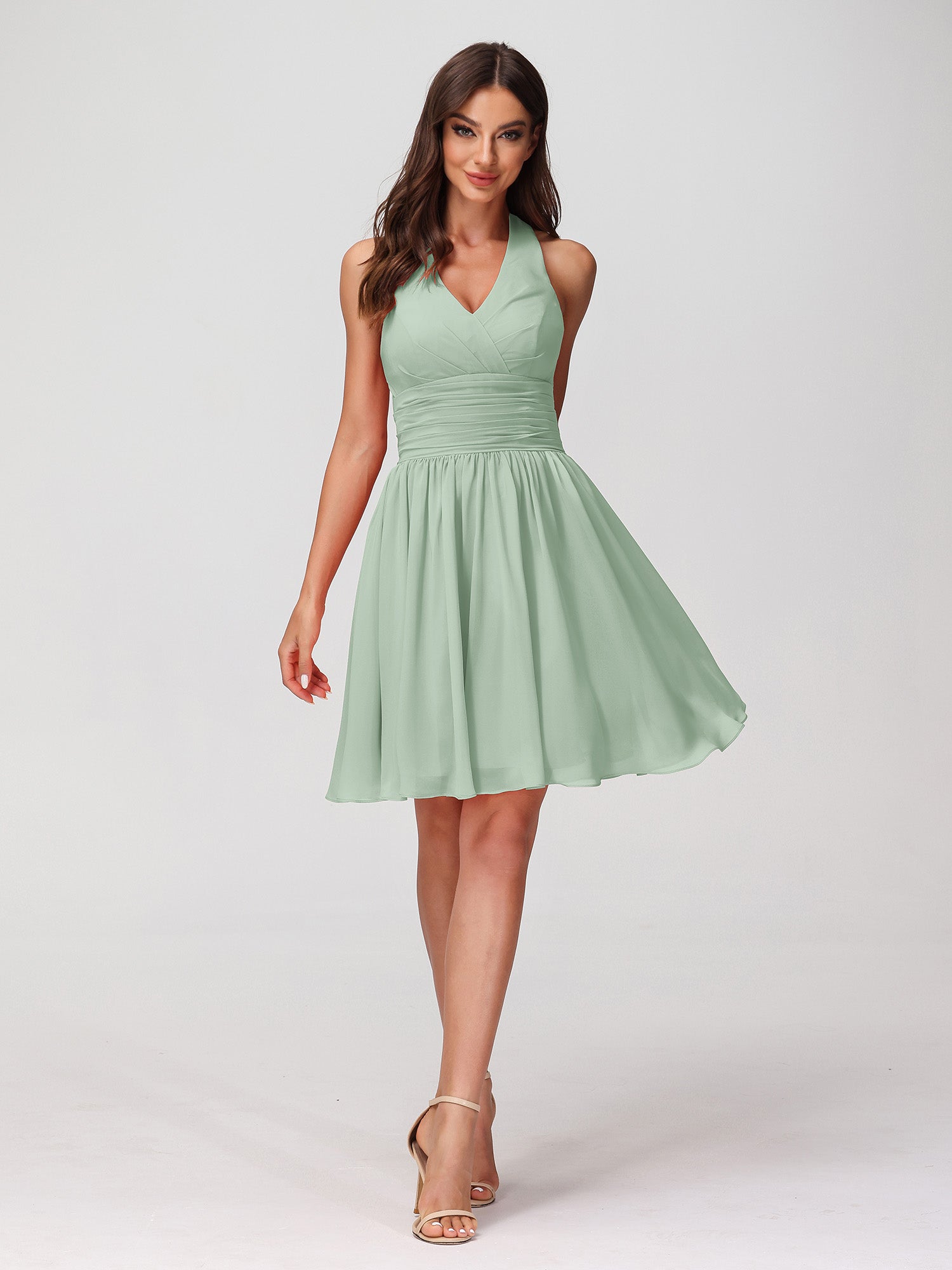 BABARONI Chiffon Agave Bridesmaid Dresses Halter Short/Mini Sleeveless Ruched A-line, Agave / US0