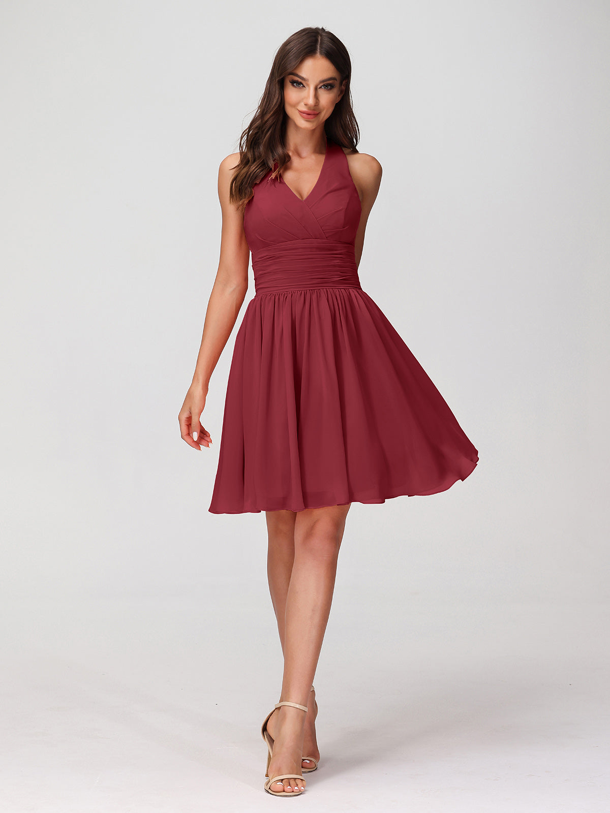 BABARONI Halter V Neck Short Chiffon Bridesmaid Dresses-Burgundy, Burgundy / US0 BABARONI Halter V Neck Short Chiffon Bridesmaid Dresses-Burgundy, Burgundy / US0