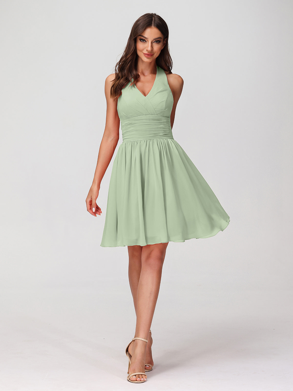 BABARONI Halter V Neck Short Chiffon Bridesmaid Dresses-Dusty Sage, Dusty Sage / US0 BABARONI Halter V Neck Short Chiffon Bridesmaid Dresses-Dusty Sage, Dusty Sage / US0