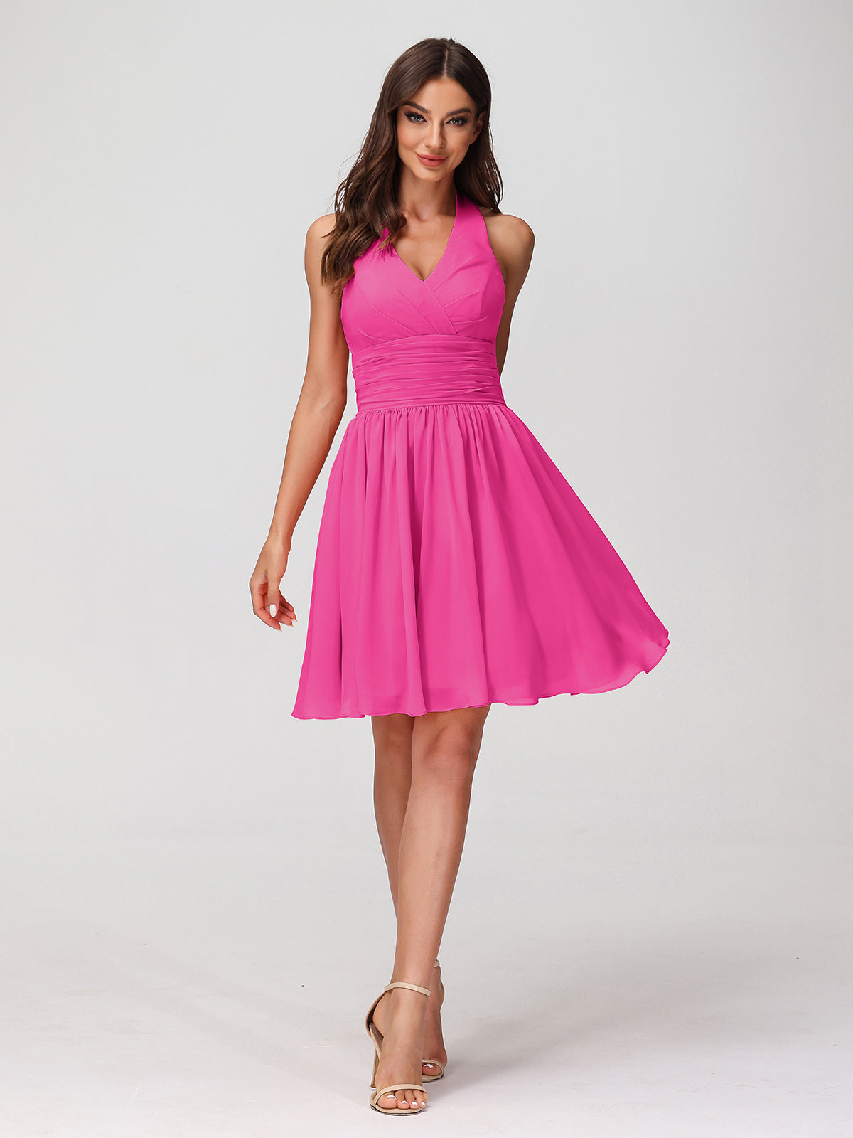 BABARONI Halter V Neck Short Chiffon Bridesmaid Dresses-Fuchsia, Fuchsia / US0 BABARONI Halter V Neck Short Chiffon Bridesmaid Dresses-Fuchsia, Fuchsia / US0
