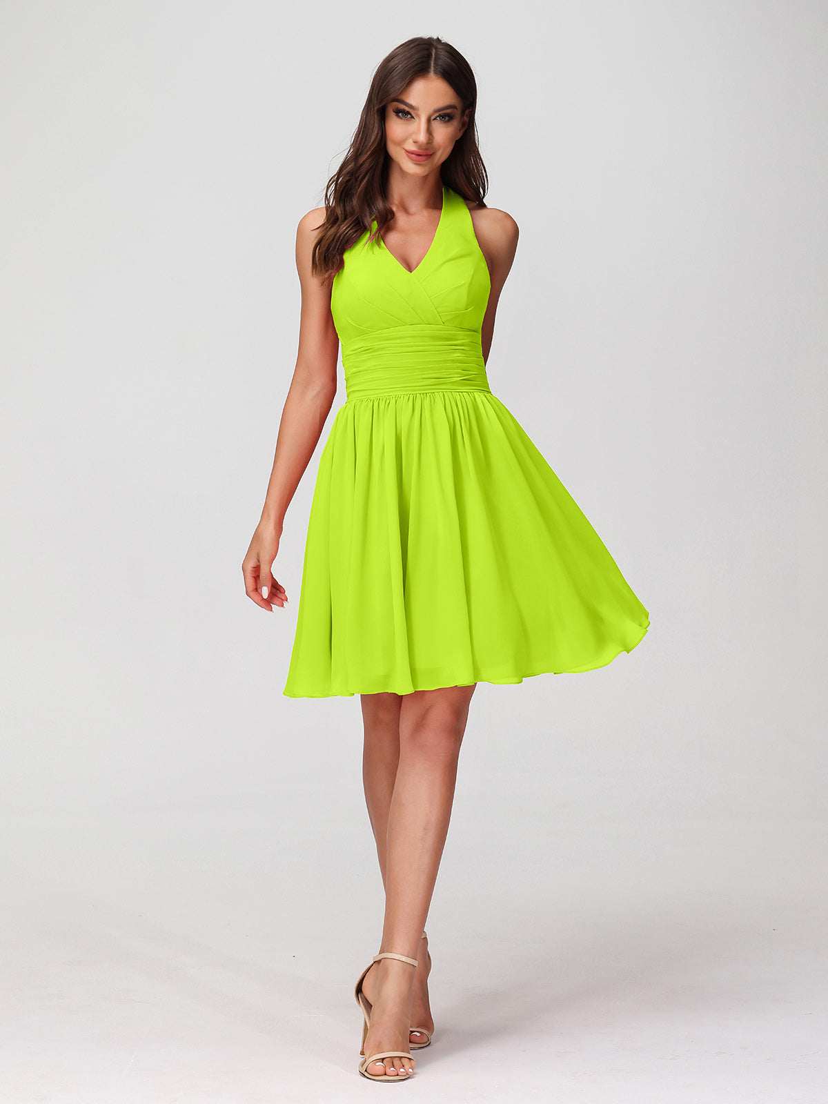 Halter V Neck Short Chiffon Bridesmaid Dresses-Lime Green – BABARONI