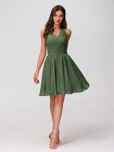 Halter V Neck Short Chiffon Bridesmaid Dresses-Olive Green