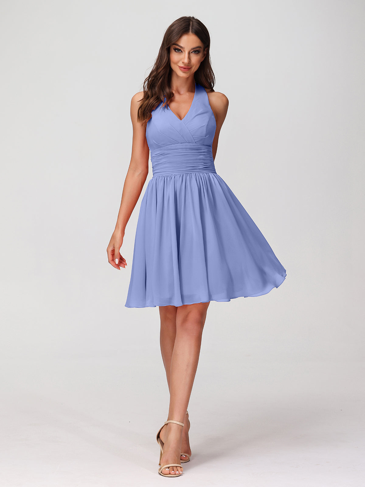 BABARONI Chiffon Periwinkle Bridesmaid Dresses Halter Short/Mini Sleeveless Ruched A-line, Periwinkle / US18