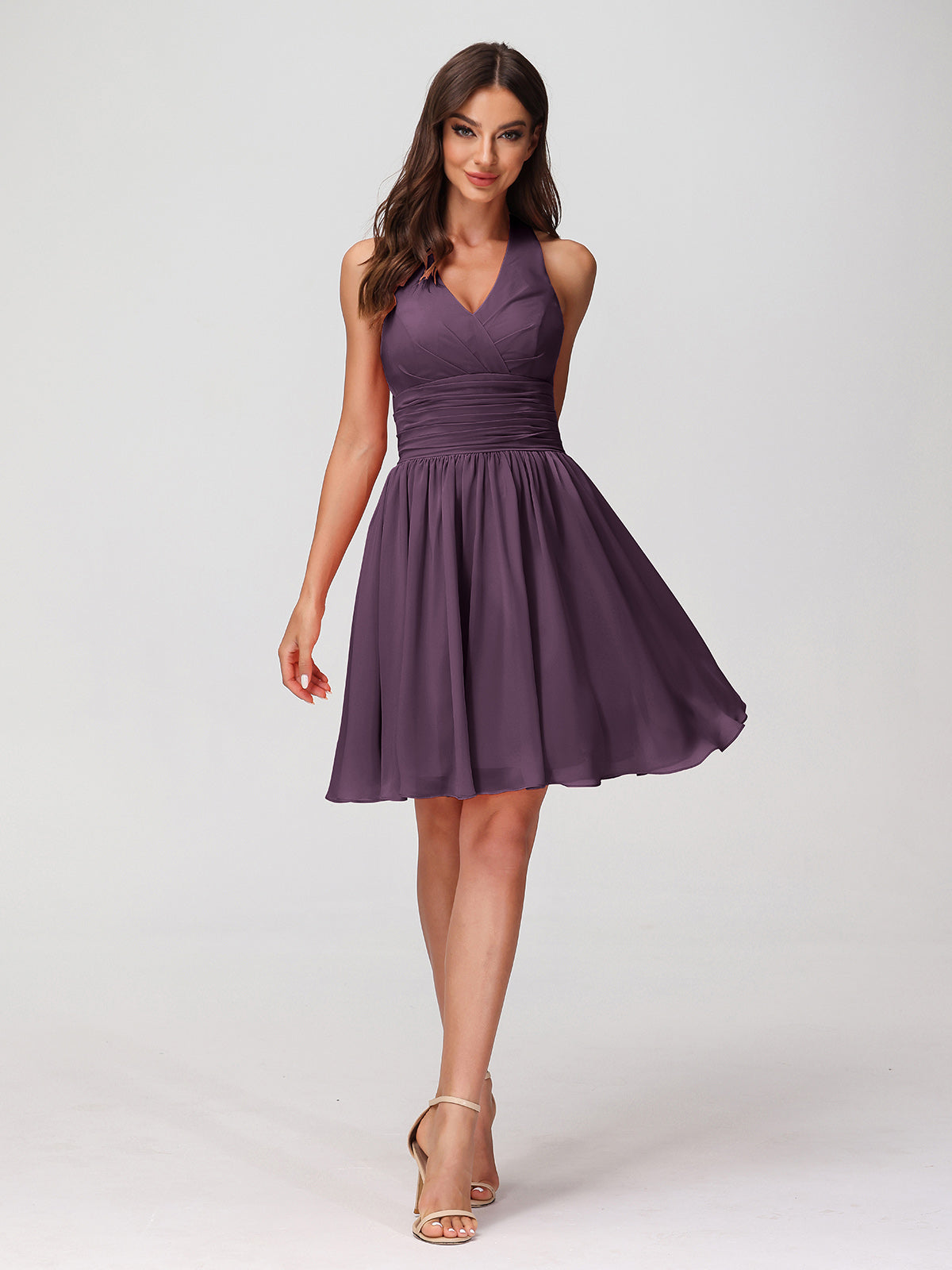 BABARONI Halter V Neck Short Chiffon Bridesmaid Dresses-Plum, Plum / US0