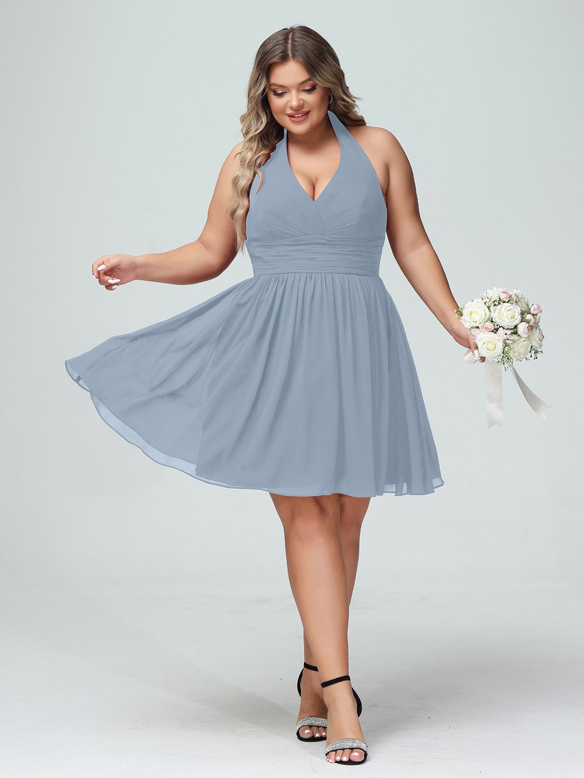 V-neck Short Chiffon Bridesmaid Gowns Watermelon Plus Size
