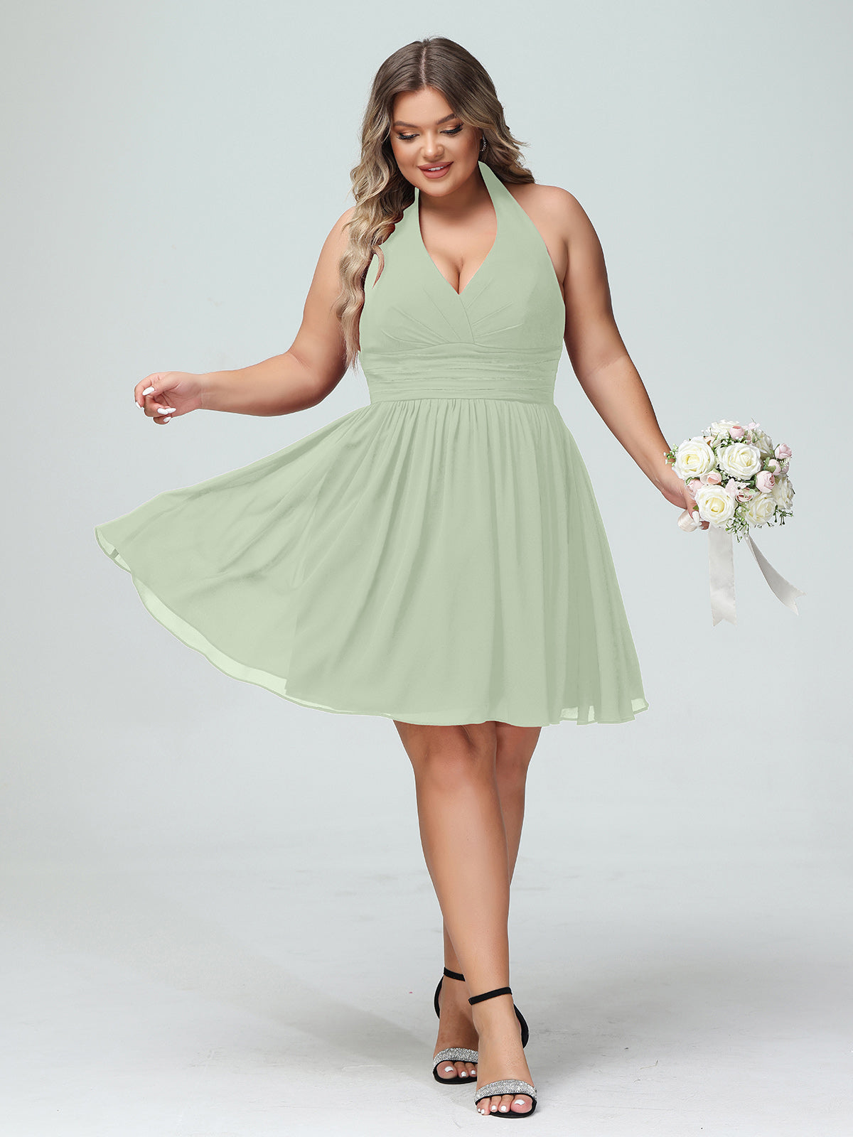V-neck Chiffon Bridesmaid Dress with Bow Back Dusty Sage Plus Size