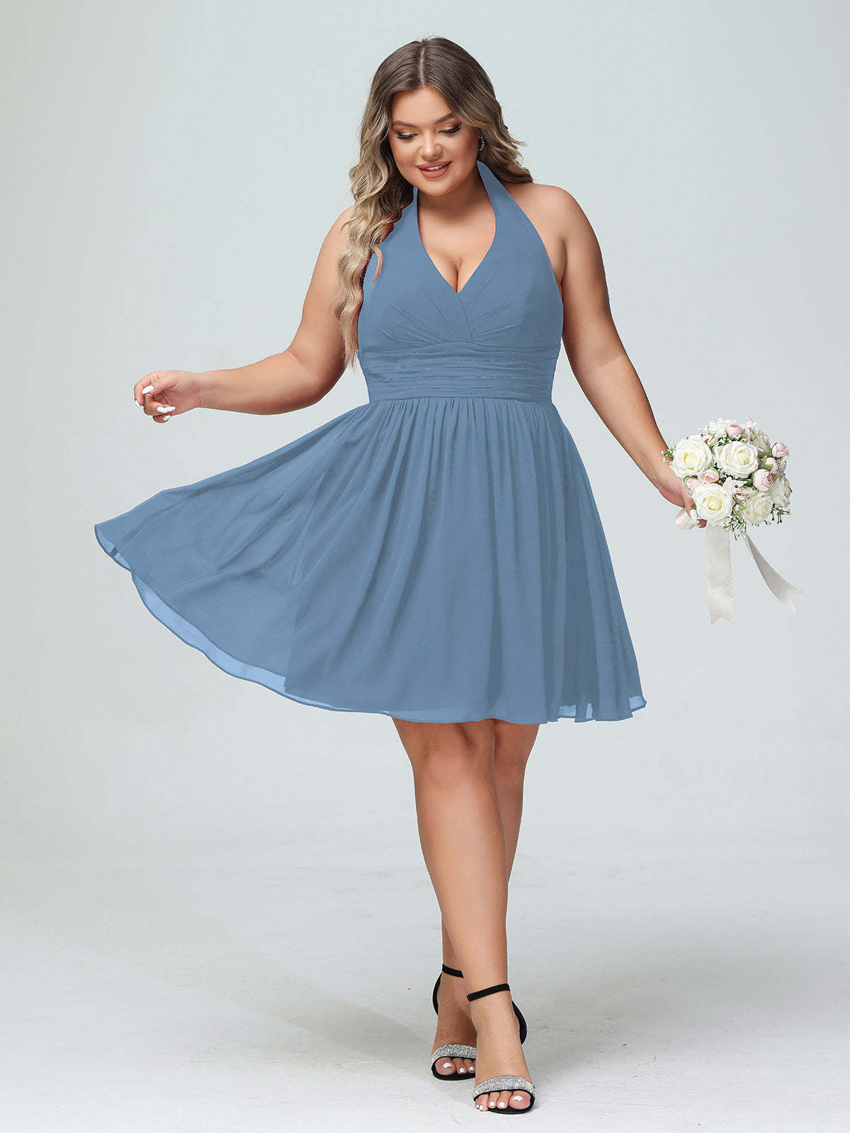 Halter V-neck Short Lace Dresses Taupe Plus Size