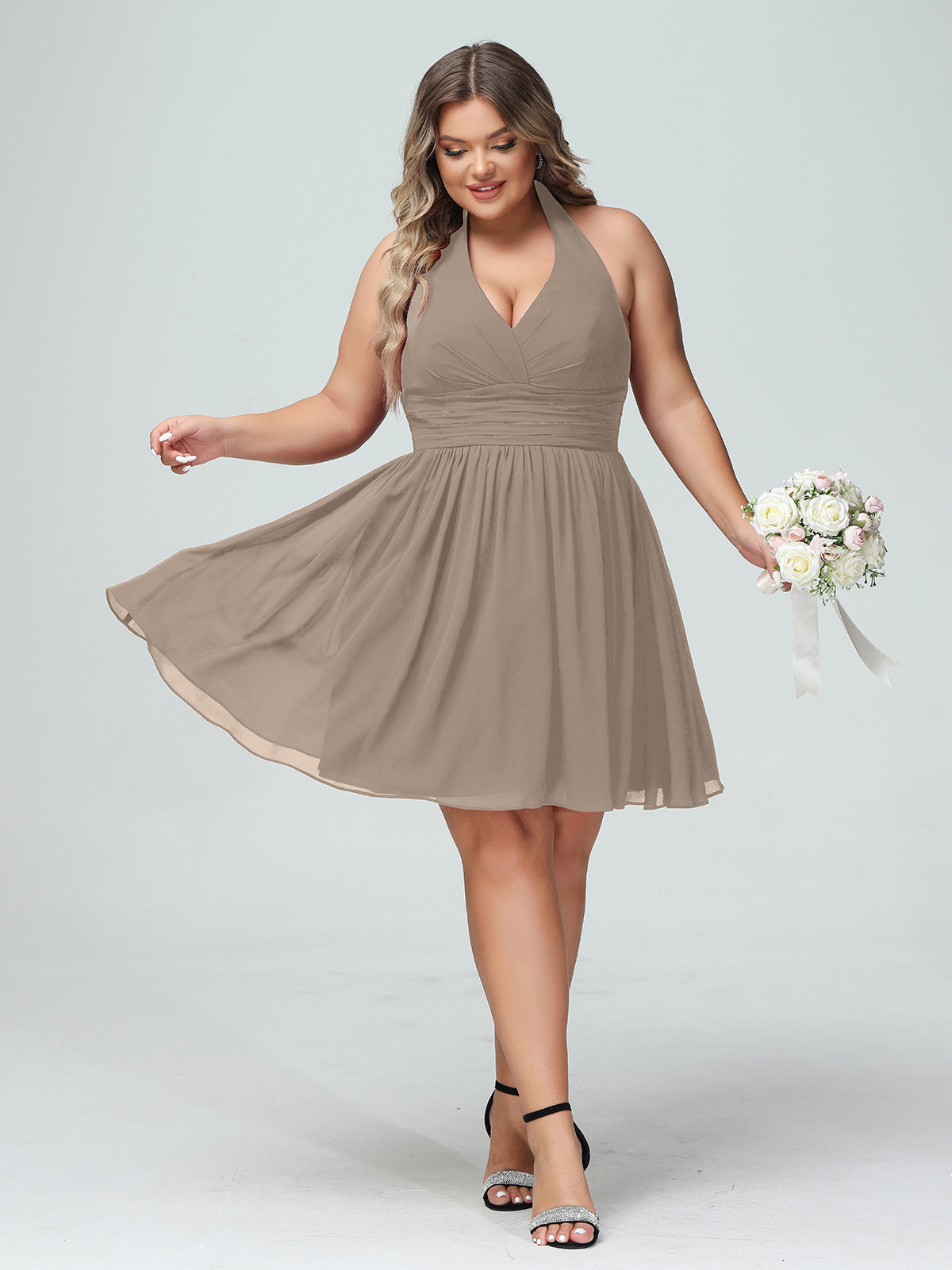 Short Halter Chiffon Bridesmaid Gown Taupe Plus Size