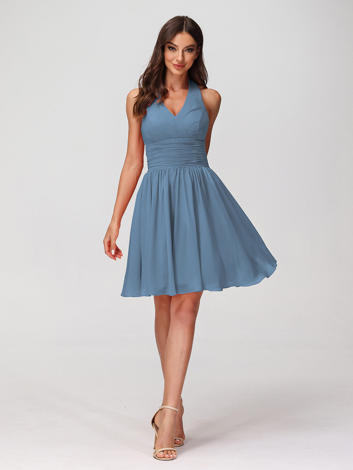 BABARONI Chiffon Slate Blue Bridesmaid Dresses Halter Short/Mini