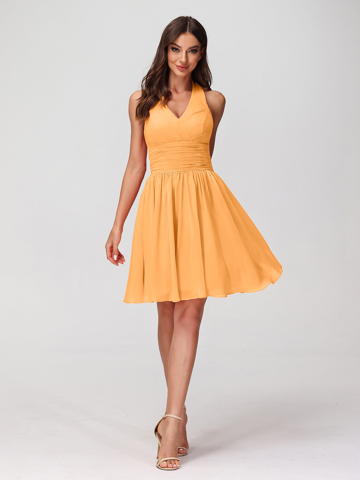 BABARONI Chiffon Tangerine Bridesmaid Dresses Halter Short/Mini Sleeveless Ruched A-line, Tangerine / US0