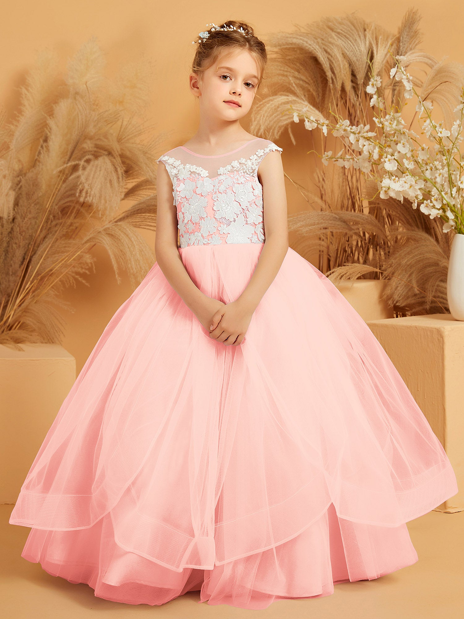 Lace Applique Sleeveless Tulle Flower Girl Ball Gown Dark Green main image 0
