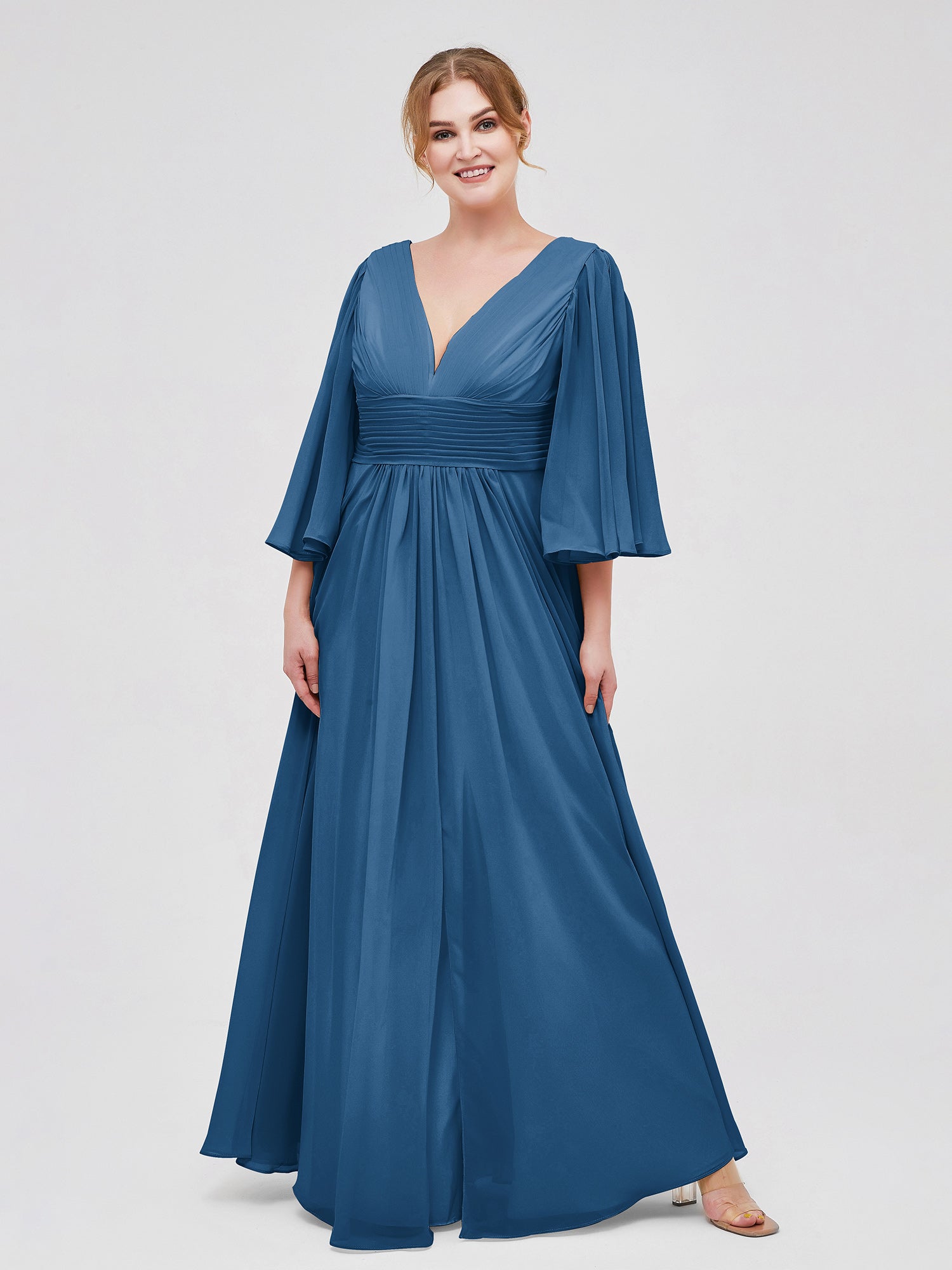 Ink Blue Plus Size Chiffon Bridesmaid Dress - Deep V-Neck & Flutter Sleeves Flowy Gownwith Slit | BABARONI Ink Blue Plus Size Chiffon Bridesmaid Dress - Deep V-Neck & Flutter Sleeves Flowy Gownwith Slit | BABARONI
