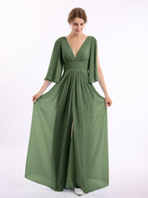 Deep V-neck Chiffon Dresses with Slit Olive Green