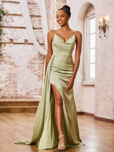 Sheath Spaghetti Straps Soft Satin Sexy Dresses with Slit Dusty Sage