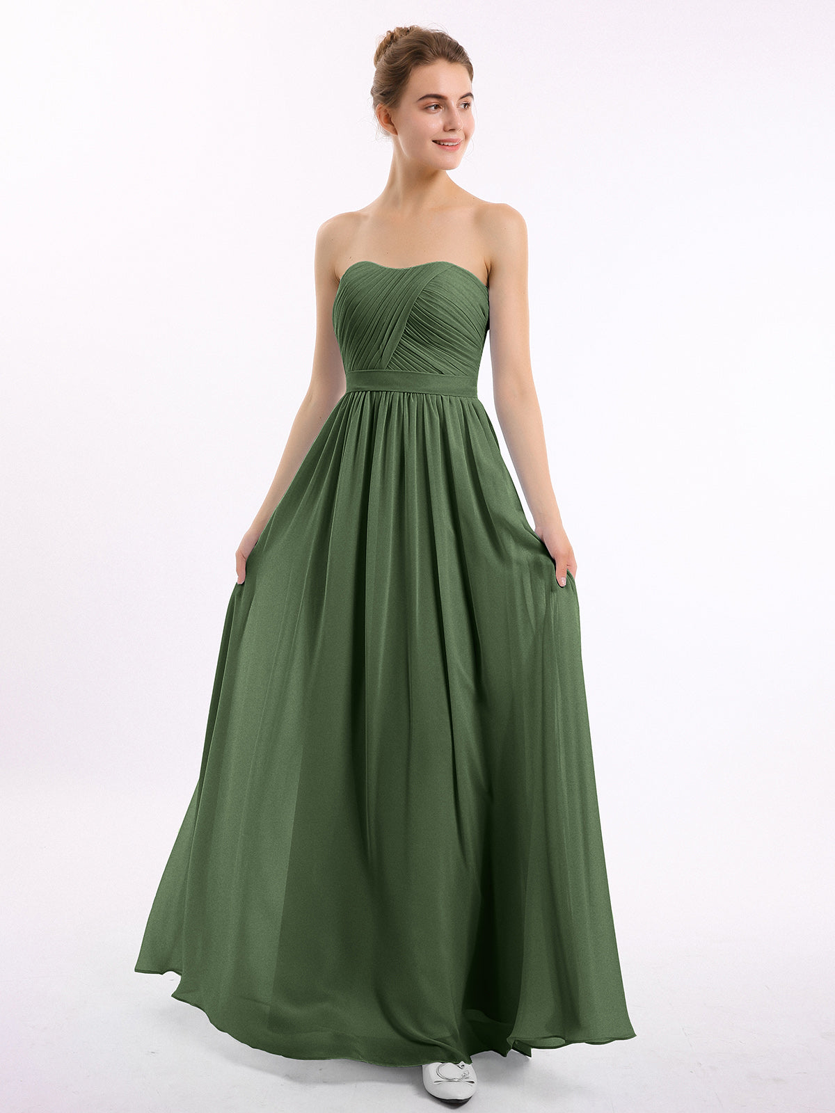 BABARONI Strapless Long Chiffon Bridesmaid Dresses-Olive Green Plus size, Olive Green / US18