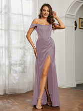 Off-the-shoulder Lace-up Dress With Slit Dusk