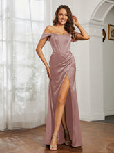 Off-the-shoulder Lace-up Dress With Slit Dusty Rose