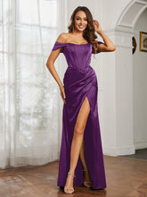 Off-the-shoulder Lace-up Dress With Slit Grape