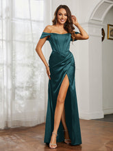 Off-the-shoulder Lace-up Dress With Slit Peacock