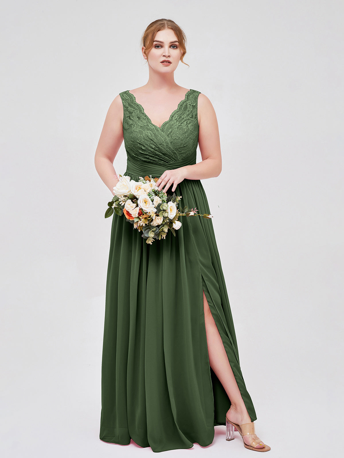 High Slit Tiered Chiffon Ruffle Skirt Dress Olive Green main image 1