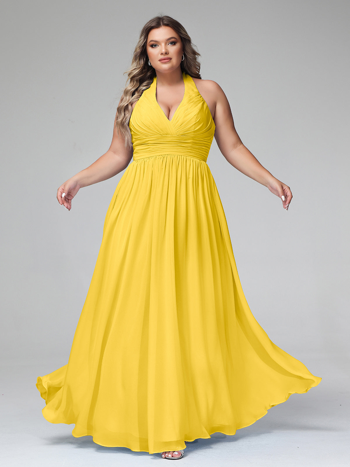 Plus Size Marigold Chiffon Bridesmaid Dress, Halter V-Neck Maxi Gown for Weddings | BABARONI Plus Size Marigold Chiffon Bridesmaid Dress, Halter V-Neck Maxi Gown for Weddings | BABARONI
