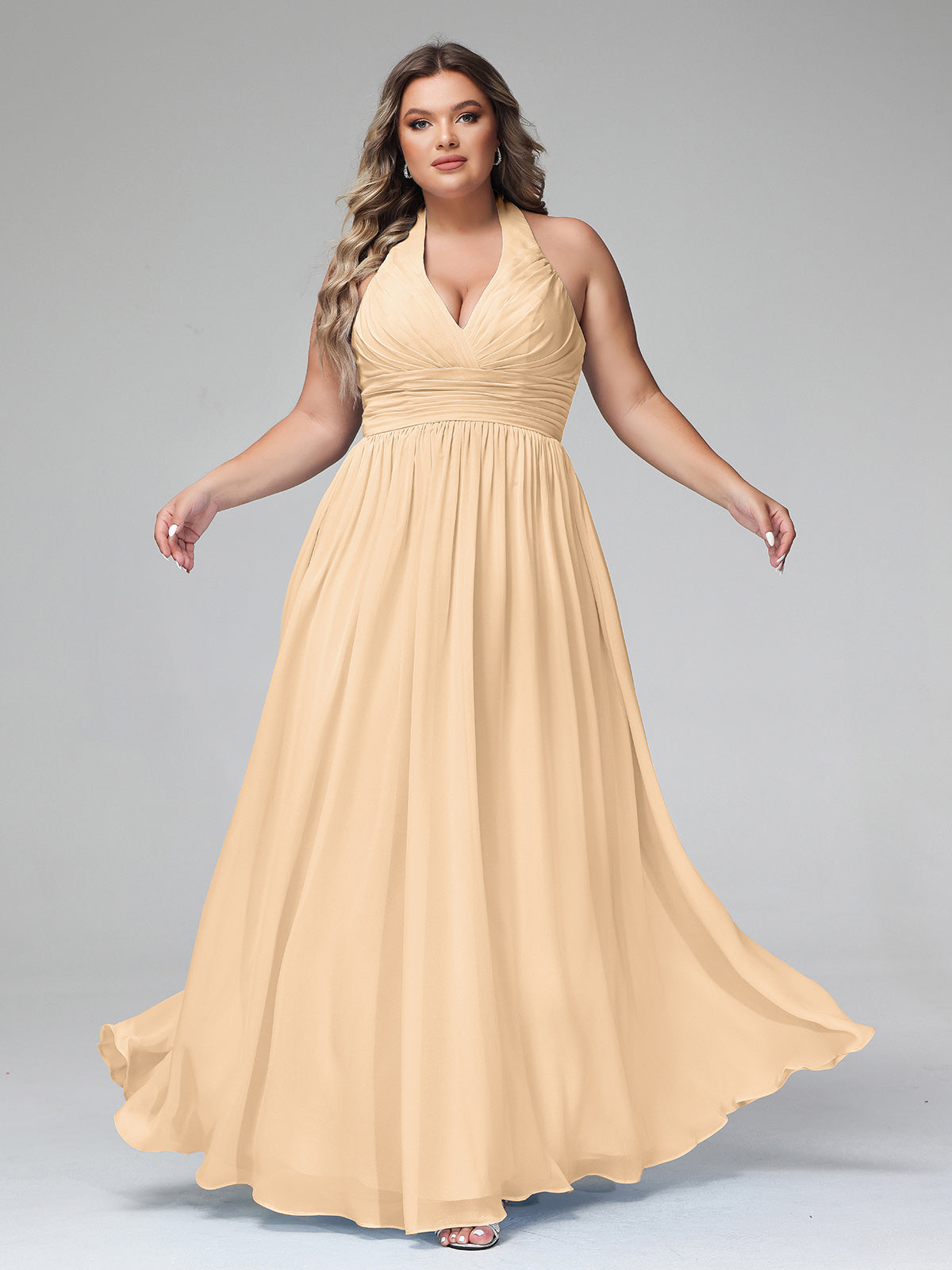 Long Halter Chiffon Dresses of Bridesmaid Peach Plus Size main image 1