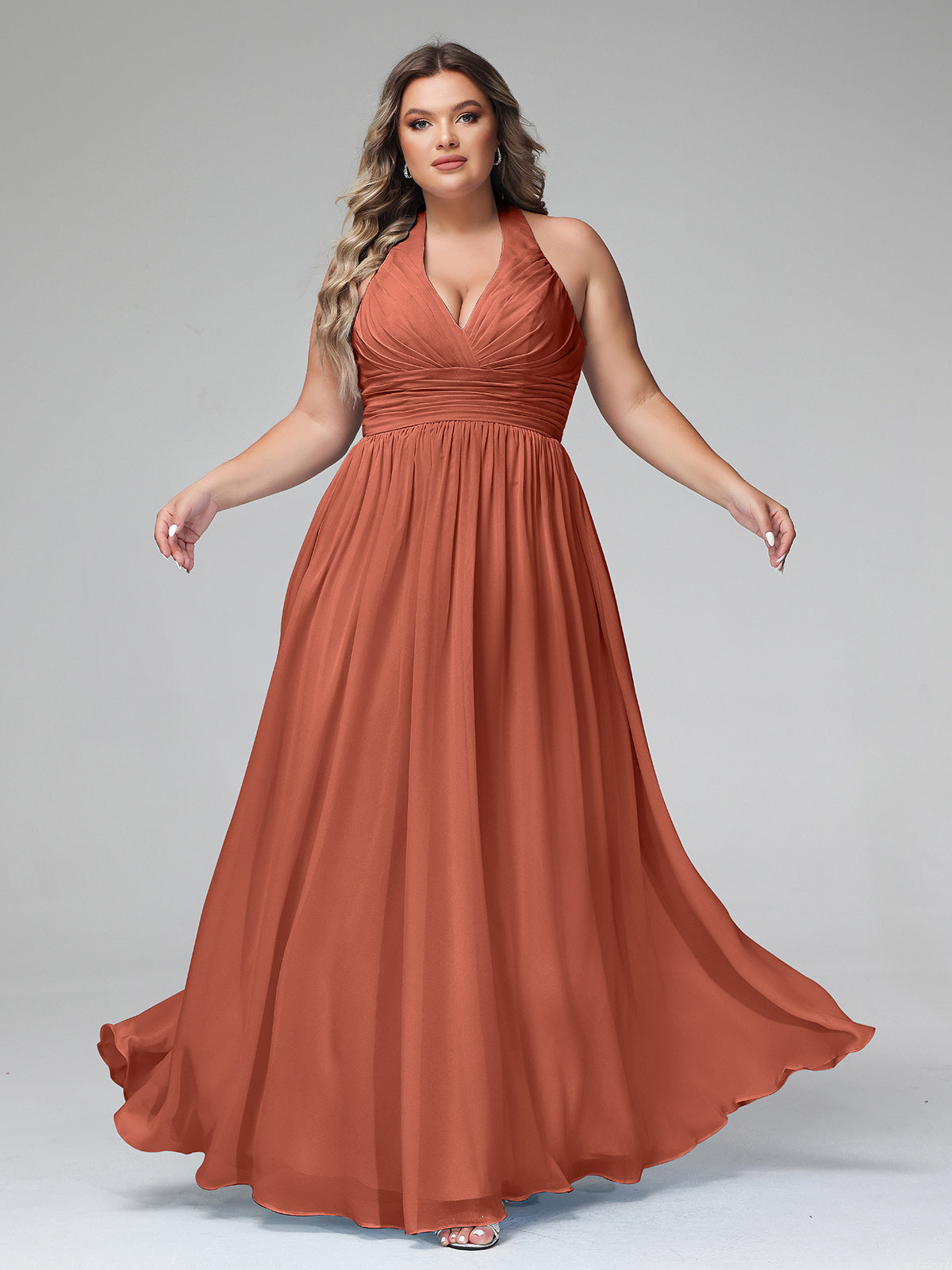 Plus Size Rust Chiffon Bridesmaid Dress, Halter V-Neck Maxi Gown for Weddings