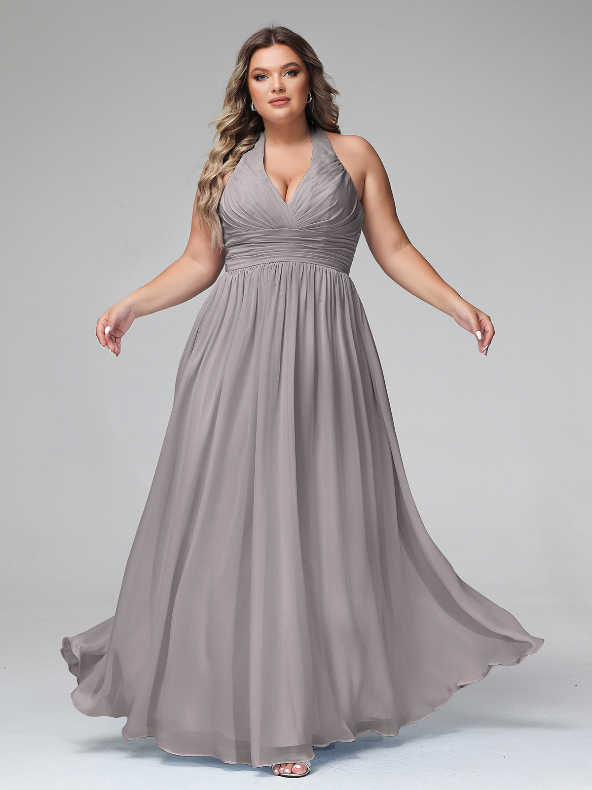 Plus Size Silver Chiffon Bridesmaid Dress, Halter V-Neck Maxi Gown for Weddings | BABARONI