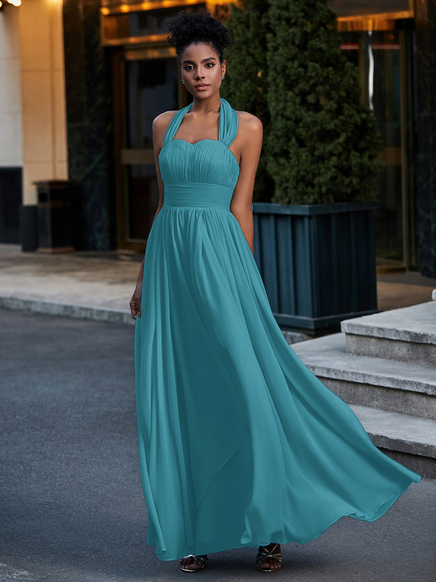 Off-Shoulder Halter Chiffon Dress with Blouson Bodice Jade