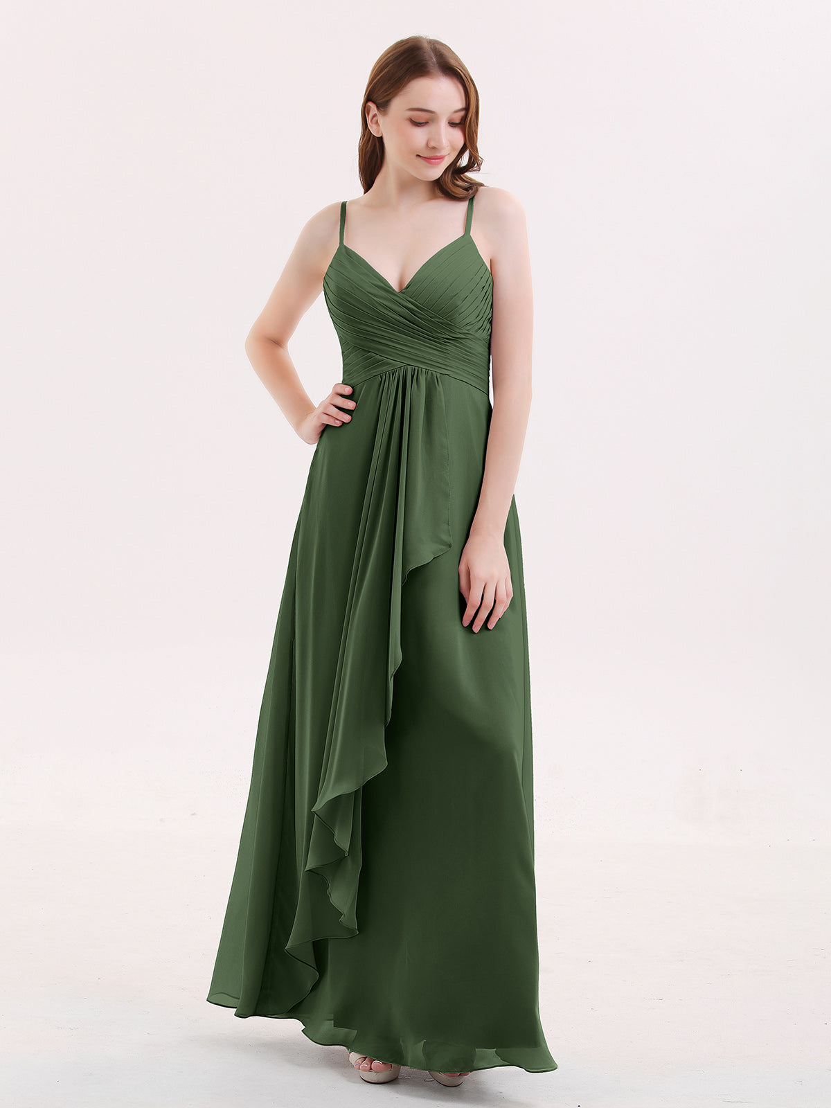 BABARONI Chiffon Bridesmaid Dresses with Cascade Skirt-Olive Green Plus Size, Olive Green / US18 BABARONI Chiffon Bridesmaid Dresses with Cascade Skirt-Olive Green Plus Size, Olive Green / US18
